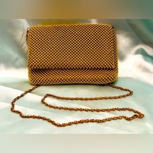 Golden metal beaded mesh Clutch purse with Chain strap